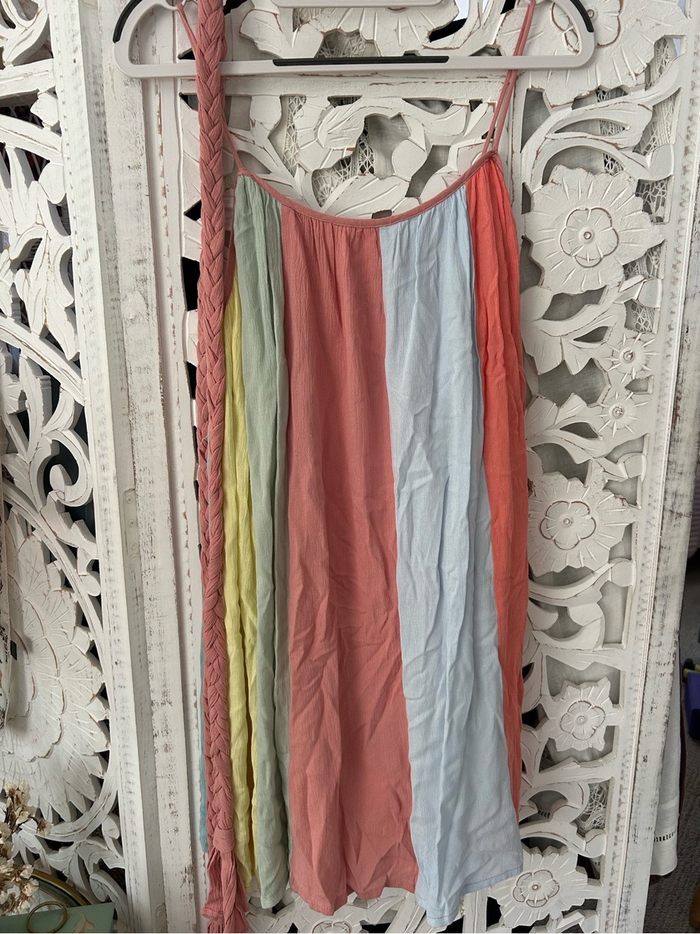 Storia Coral, Light Blue, Pale Green & Yellow Striped Mini Dress with rope tie